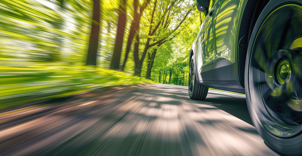 EV Tyres Electric vehicle driving through greenery