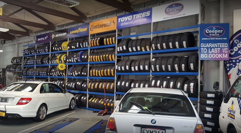 Capital Tyres Building showing racks of tyres